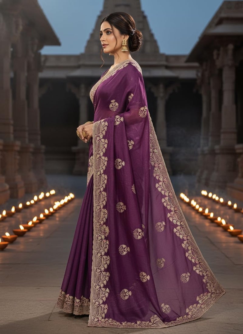 Glory Sarees Women's Georgette Silk Embroidery Work Saree With Blouse Piece (Mayura101_Purple) - Image 5