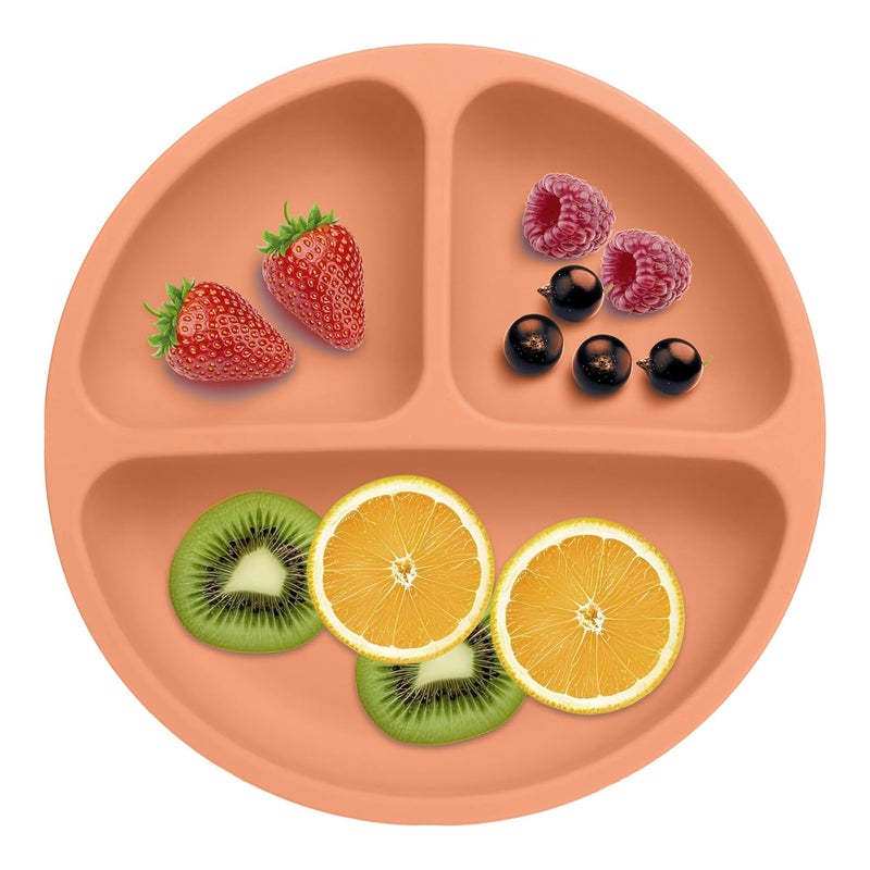 PEEPER Baby Suction Plates for Baby Feeding with 4 Strong Suction Cups, Silicone Toddler Plates with Deep Divided for Kids to Feed Themselves, Dish Washer & Micro-Wave Oven Safe (Peach) - Image 1