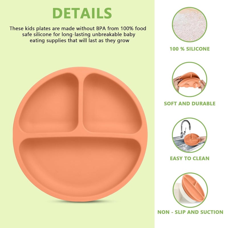 PEEPER Baby Suction Plates for Baby Feeding with 4 Strong Suction Cups, Silicone Toddler Plates with Deep Divided for Kids to Feed Themselves, Dish Washer & Micro-Wave Oven Safe (Peach) - Image 2