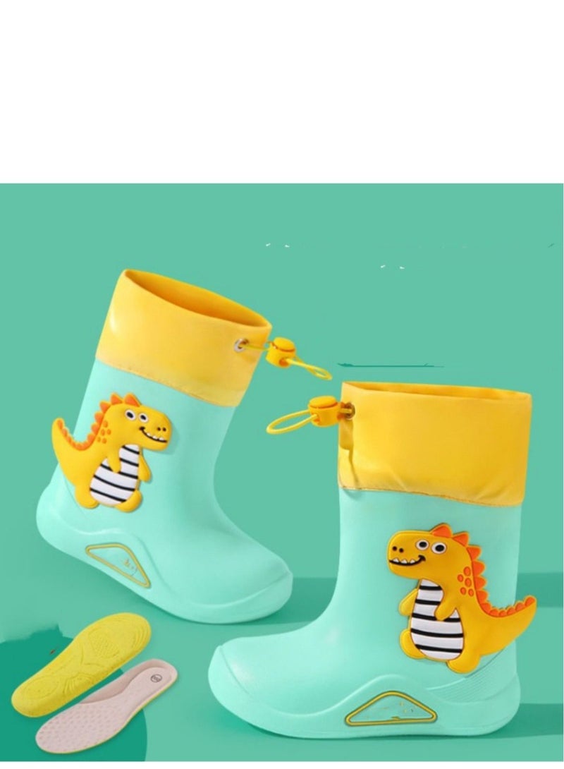 Loquat Children's Rain Shoes Cartoon Children's Rain Gear Outdoor Waterproof Non-slip Dinosaur Elastic Mouth Green