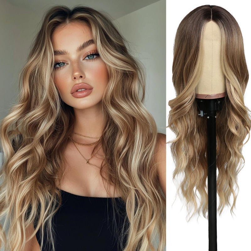 SeclitWu Long Blonde Wig for Women Middle Part Ombre Blonde Wavy Wigs Natural Looking Synthetic Heat Resistant Fiber Wigs for Daily Party Use (26 Inch) - Image 1