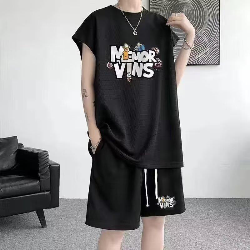 Mens Summer Waffle Casual Plus-Size Tank Shorts Set Black - Image 1