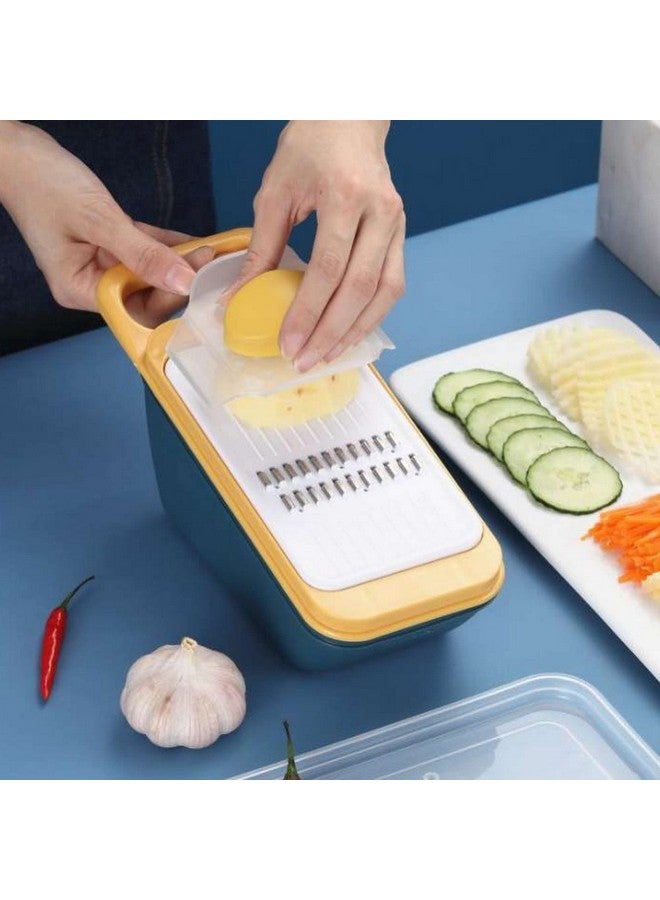 Potency Stainless Steel Mandoline Food Slicer With Container - For Kitchen, Potato, Tomato, Carrot, Onion - Julienne Shredder (Yellow) - Image 1