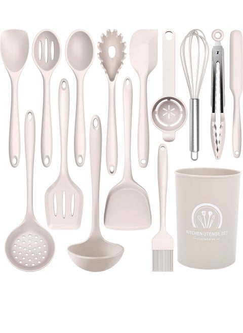 15pcs Silicone Cooking Utensils Set , 230℃ Heat Resistant Kitchen Utensils,Turner Tongs,Spoon,Brush,Whisk,Kitchen Utensil Tools Set for Nonstick Cookware,Dishwasher Safe (BPA Free) - Khaki