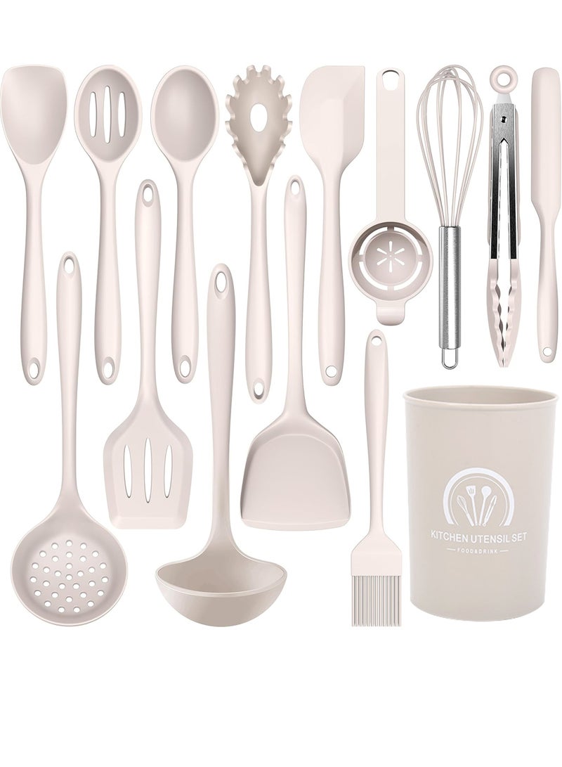 Uwals 15pcs Silicone Cooking Utensils Set , 230℃ Heat Resistant Kitchen Utensils,Turner Tongs,Spoon,Brush,Whisk,Kitchen Utensil Tools Set for Nonstick Cookware,Dishwasher Safe (BPA Free) - Khaki - Image 1