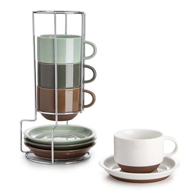 Sweese 8 Ounce Cappuccino Cups Set of 4, Porcelain Stackable Coffee Cups with Saucers and Metal Stand, Multicolor