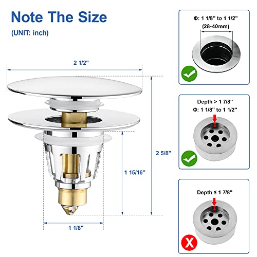 PerPaiMe Universal 3-in-1 Bathroom Sink Stopper - Chrome Pop Up Sink Drain Stopper, Push Button Sink Drain Stopper Replacement, Wash Basin Drain Filter Plug with Anti-Clogging Strainer, (Large Cover) - Image 2