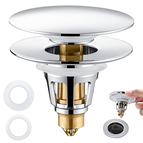 PerPaiMe Universal 3-in-1 Bathroom Sink Stopper - Chrome Pop Up Sink Drain Stopper, Push Button Sink Drain Stopper Replacement, Wash Basin Drain Filter Plug with Anti-Clogging Strainer, (Large Cover) - Image 1