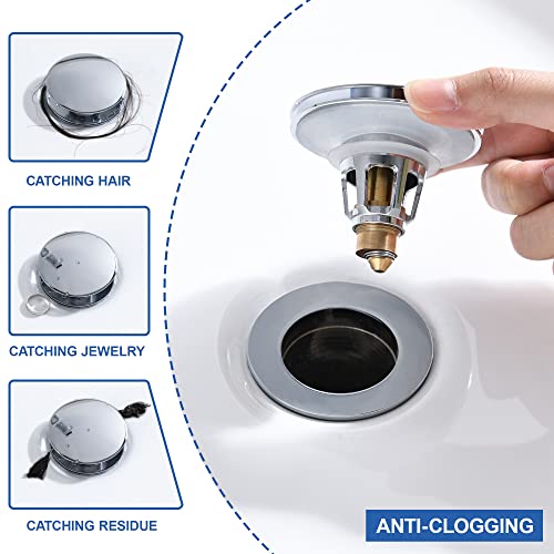 PerPaiMe Universal 3-in-1 Bathroom Sink Stopper - Chrome Pop Up Sink Drain Stopper, Push Button Sink Drain Stopper Replacement, Wash Basin Drain Filter Plug with Anti-Clogging Strainer, (Large Cover) - Image 4