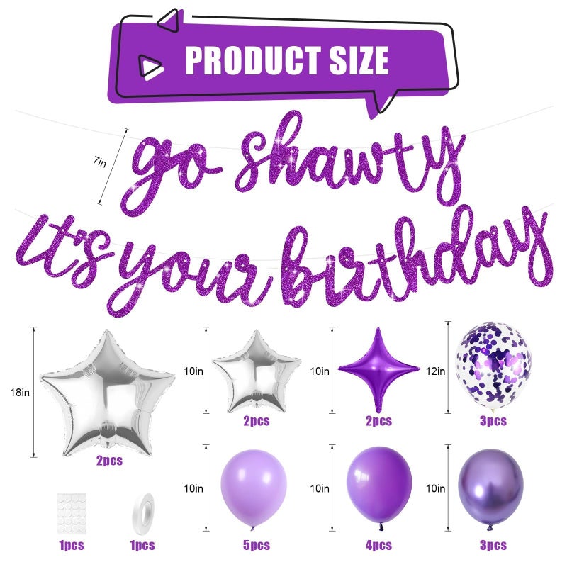 Vibzox Purple Go Shawty It's Your Birthday Banner Balloons Set, Glitter Happy Birthday Banner with Purple Silver Confetti Balloon Star Foil Balloon for Girls Women Hip Hop Rap Theme Birthday Party Decoration - Image 3