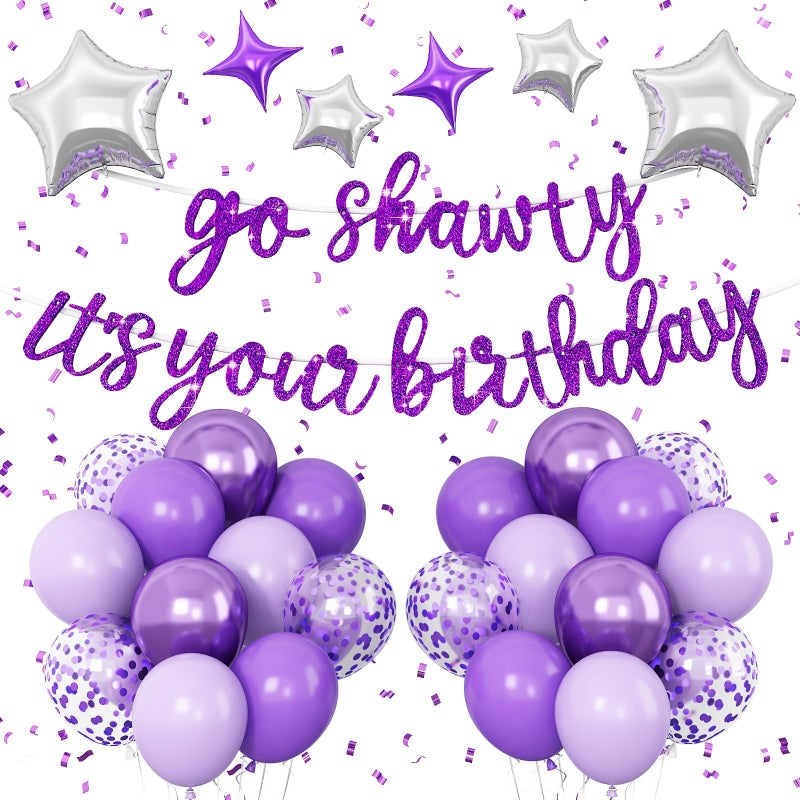 Vibzox Purple Go Shawty It's Your Birthday Banner Balloons Set, Glitter Happy Birthday Banner with Purple Silver Confetti Balloon Star Foil Balloon for Girls Women Hip Hop Rap Theme Birthday Party Decoration - Image 1