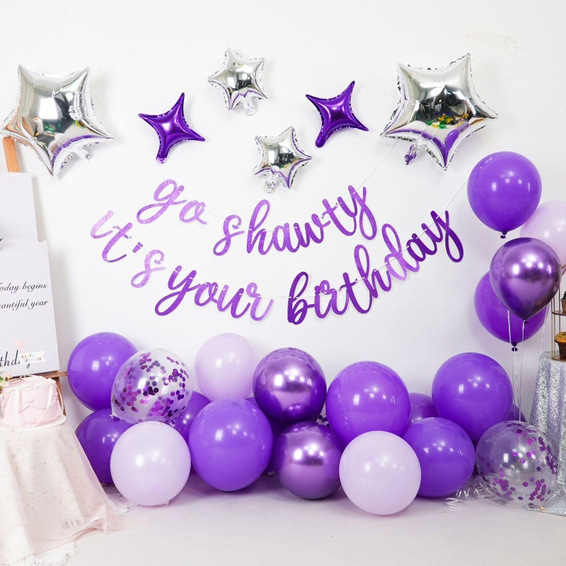 Vibzox Purple Go Shawty It's Your Birthday Banner Balloons Set, Glitter Happy Birthday Banner with Purple Silver Confetti Balloon Star Foil Balloon for Girls Women Hip Hop Rap Theme Birthday Party Decoration - Image 4