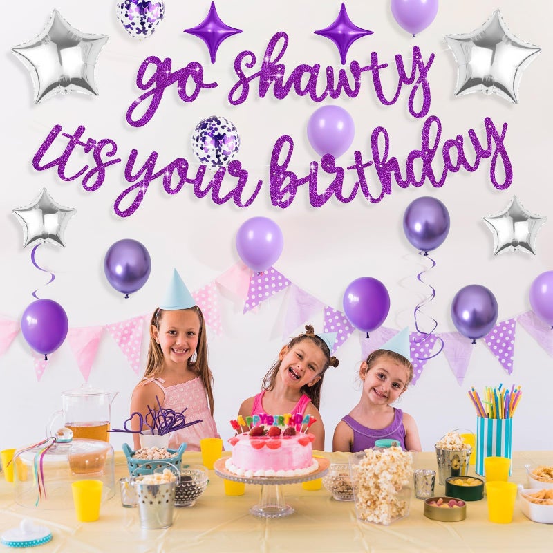 Vibzox Purple Go Shawty It's Your Birthday Banner Balloons Set, Glitter Happy Birthday Banner with Purple Silver Confetti Balloon Star Foil Balloon for Girls Women Hip Hop Rap Theme Birthday Party Decoration - Image 5