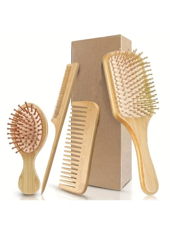 JUMEI 4-Piece Bamboo Hair Brush & Comb Set – Detangling Paddle Brush, Wooden Combs, Eco-Friendly, Handmade, for Women, Men & Kids - Image 1