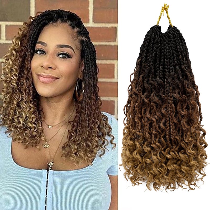 Eerya Goddess Box Braids Crochet Hair 12 Inch 8 Packs Pre-looped Bohemian Crochet Boho Box Braids With Curly Ends 3X Crochet Braids Hair for Women Synthetic Braiding Hair 16 Strands (#1B/30/27) - Image 1