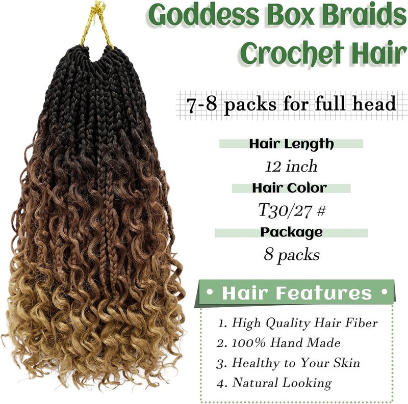 Eerya Goddess Box Braids Crochet Hair 12 Inch 8 Packs Pre-looped Bohemian Crochet Boho Box Braids With Curly Ends 3X Crochet Braids Hair for Women Synthetic Braiding Hair 16 Strands (#1B/30/27) - Image 3
