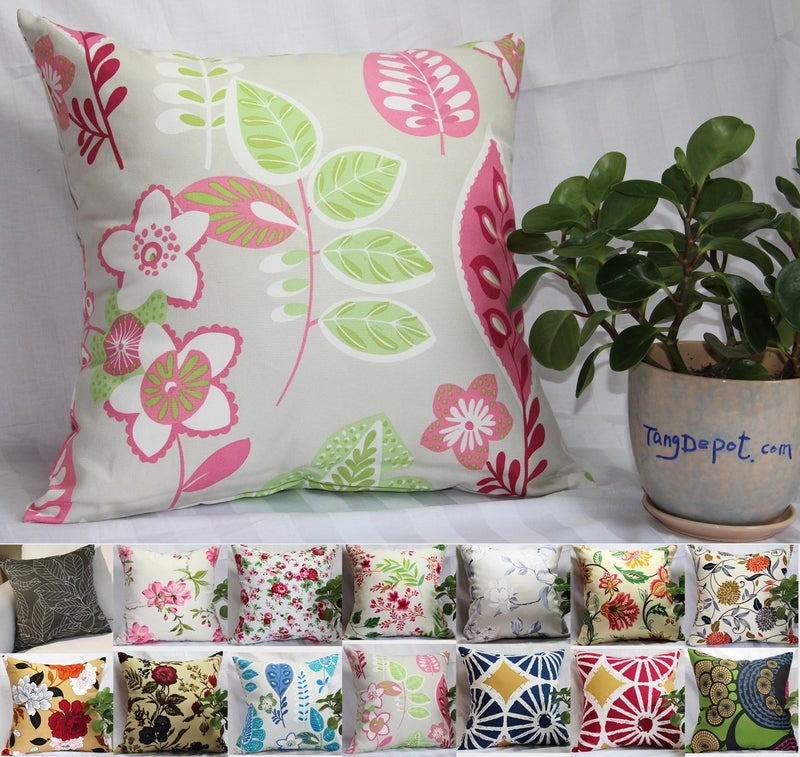 TangDepot TangDepot 100% Cotton Floral/Flower Printcloth Decorative Throw Pillow Covers /Handmade Pillow Shams  14 Color and 10 Size options  Light Black  Peach Blossom  Red Rosebush  Red And Green Leaf  White Magnolia  Fantastic Flowers  Chrysanthemum  Peony  Red And Navy Flower  Blue Floral  Pink Floral  Blue Wheel  Red Wheel  Tree Rings  12"" x 12""  12"" x 18""  12"" x 20""  14"" x 14""  16"" x 16""  18"" x 18""  20"" x 20""  22"" x 22""  24"" x 24"" and 26"" x 26"" - (26""x26""  S11 Pink Floral)  - Image 2