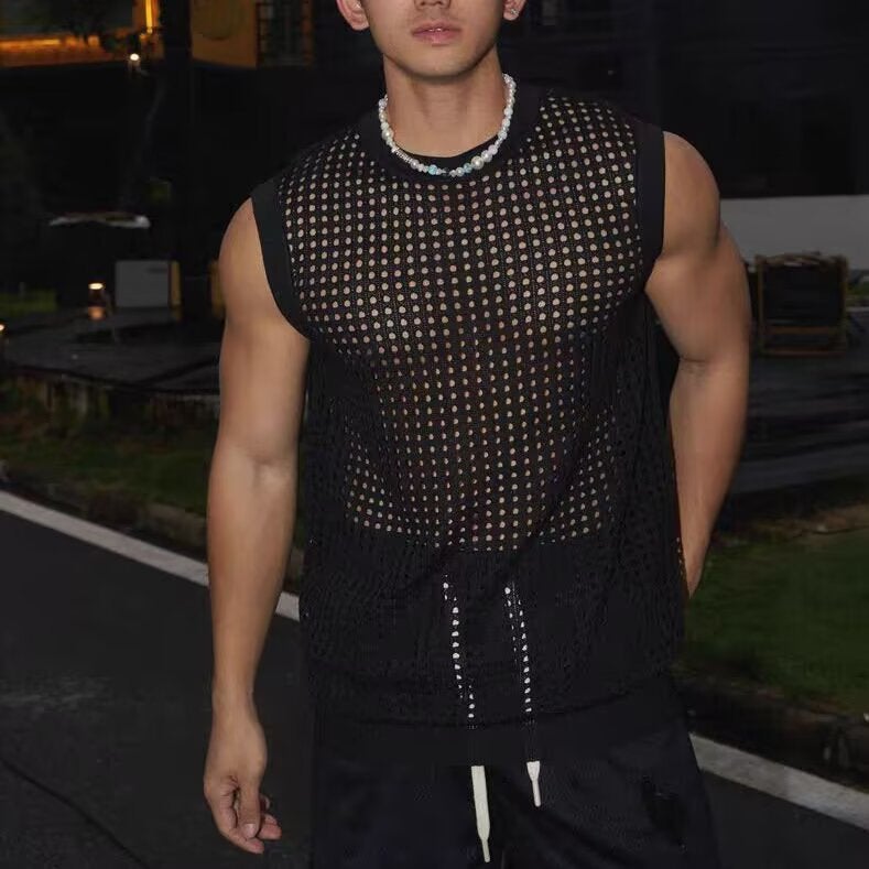 Korean Style Semi-Transparent Hollow Knitted Vest For Men, Niche Design, Internet Celebrity, Handsome Pullover, High-End Top Trend - Image 3