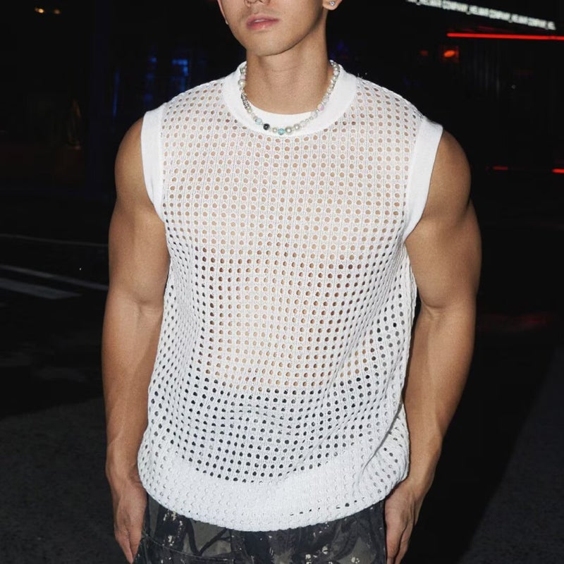 Korean Style Semi-Transparent Hollow Knitted Vest For Men, Niche Design, Internet Celebrity, Handsome Pullover, High-End Top Trend - Image 1