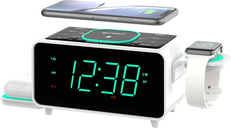 Emerson Smartset Dual Alarm Clock FM Radio with Wireless Charging, Bluetooth Speaker, Ultra Fast Charging for Airpods/iPhone, Foldable Stand, USB Charger, Adjustable LED Glow, ER100501 - Image 1