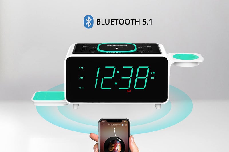 Emerson Smartset Dual Alarm Clock FM Radio with Wireless Charging, Bluetooth Speaker, Ultra Fast Charging for Airpods/iPhone, Foldable Stand, USB Charger, Adjustable LED Glow, ER100501 - Image 3