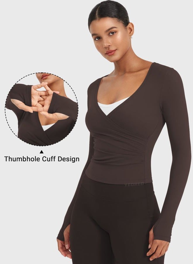 YEOREO Minniy Women Wrap Long Sleeve with Thumb Loops V Neck Basic Workout Shirts for Yoga Pilates Going Out Shrug Blouse - Image 3