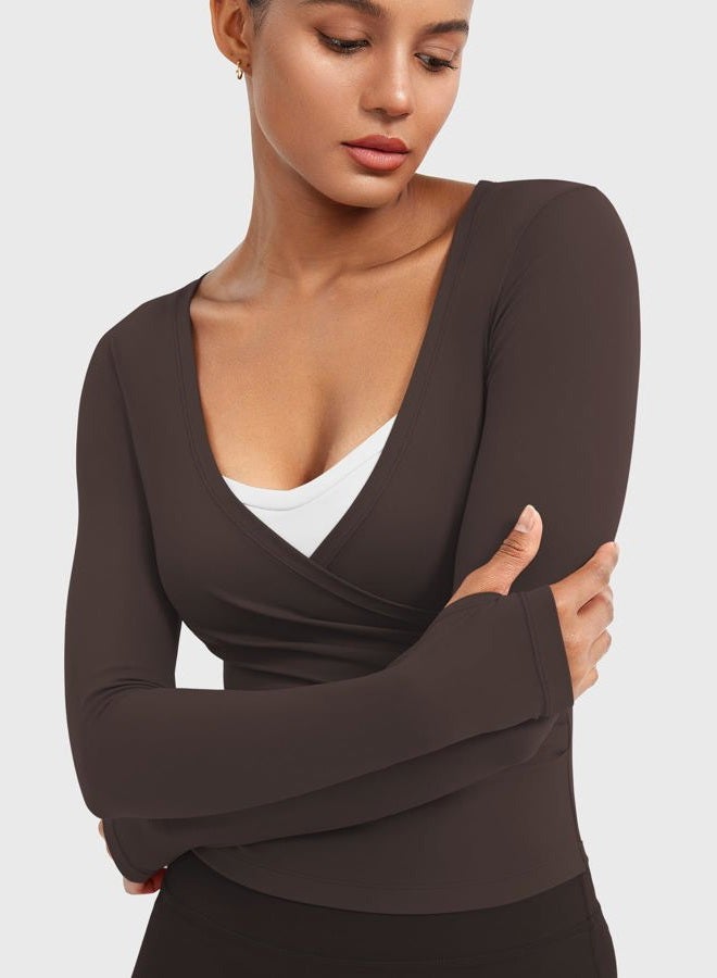 YEOREO Minniy Women Wrap Long Sleeve with Thumb Loops V Neck Basic Workout Shirts for Yoga Pilates Going Out Shrug Blouse - Image 5