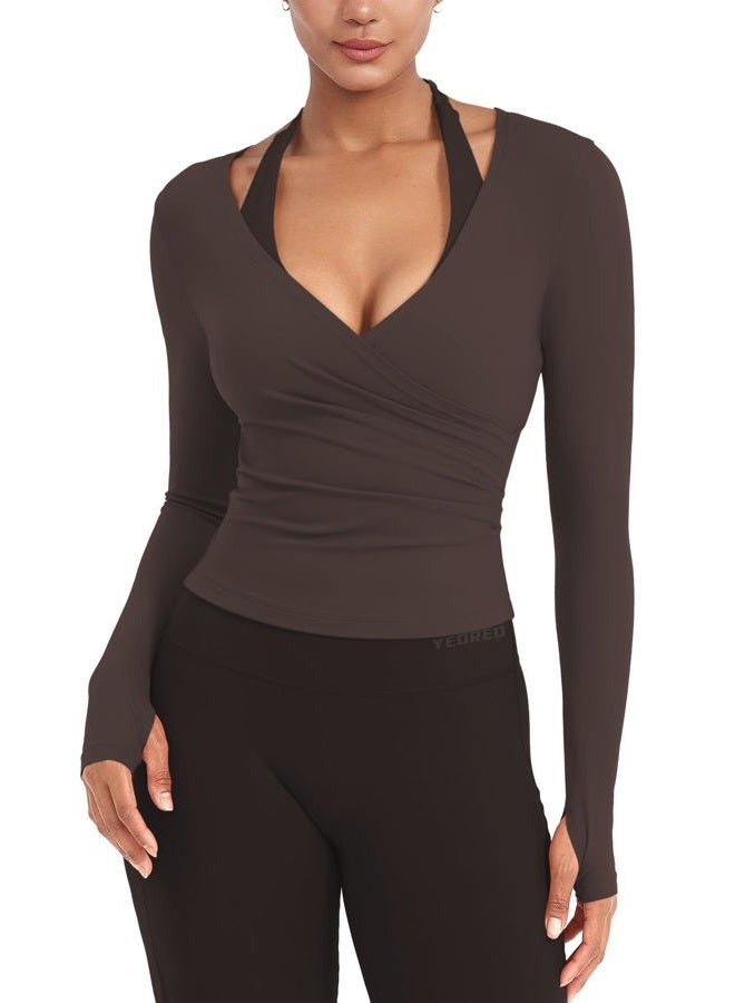 YEOREO Minniy Women Wrap Long Sleeve with Thumb Loops V Neck Basic Workout Shirts for Yoga Pilates Going Out Shrug Blouse - Image 1