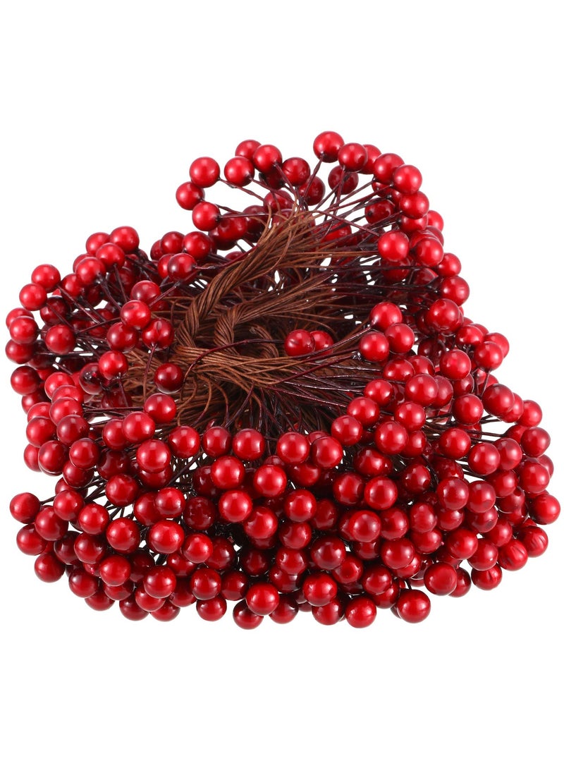 BBTO BBTO Artificial Holly Berries on Wire Stems  250 Stems with 500 Pieces 8 mm Fake Berries for Tree Decorations Wreath Craft Use Wedding Party Favor (Dark Red)  - Image 1