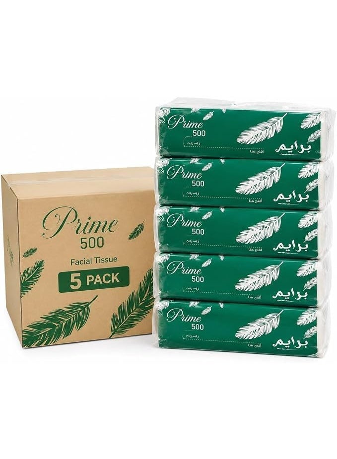 Prime Soft Facial Tissue 2 Ply 500 Sheets Per Pack, made from 100% virgin Wood Pulp Extra Soft and Fluffy Tissue for Everyday Use Pack of 5. - Image 1