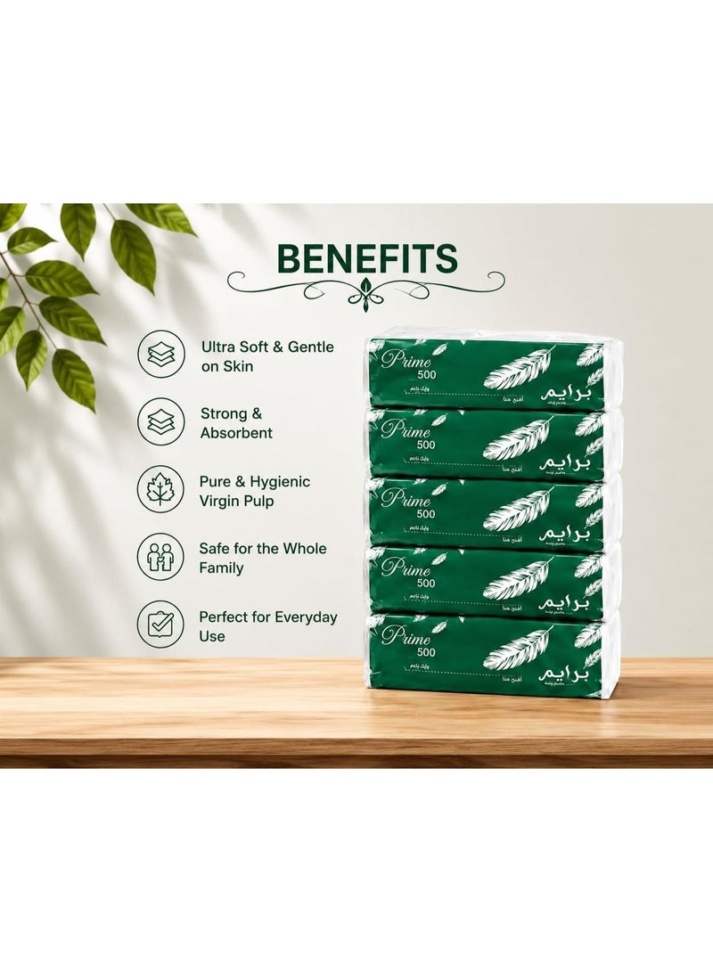 Prime Soft Facial Tissue 2 Ply 500 Sheets Per Pack, made from 100% virgin Wood Pulp Extra Soft and Fluffy Tissue for Everyday Use Pack of 5. - Image 3