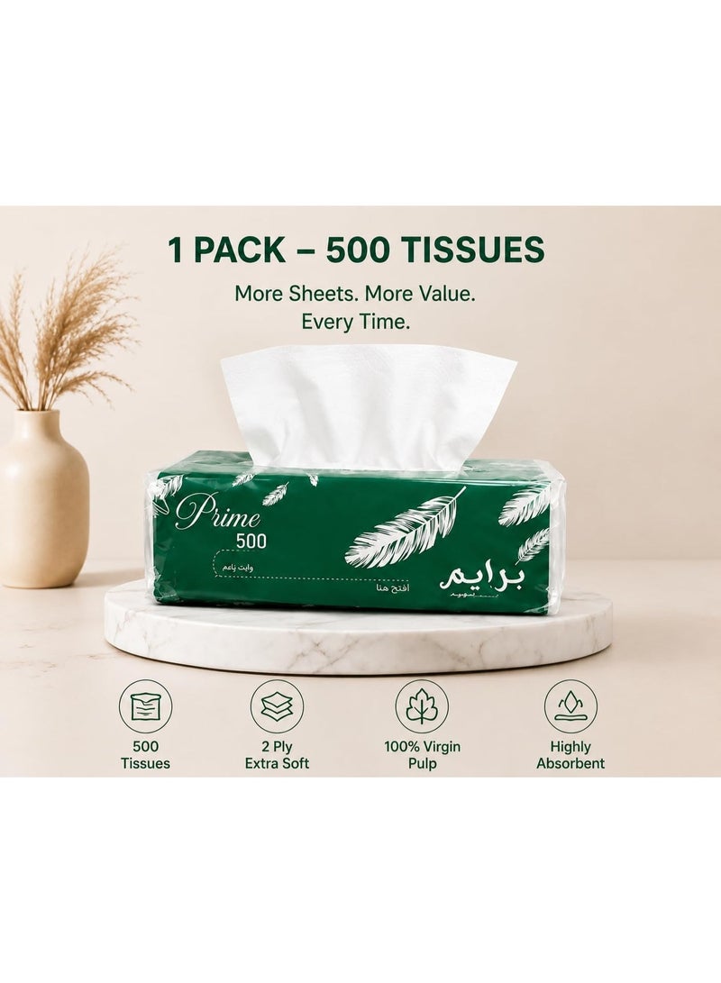 Prime Soft Facial Tissue 2 Ply 500 Sheets Per Pack, made from 100% virgin Wood Pulp Extra Soft and Fluffy Tissue for Everyday Use Pack of 5. - Image 4