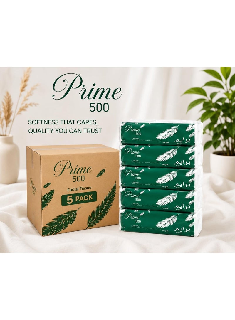 Prime Soft Facial Tissue 2 Ply 500 Sheets Per Pack, made from 100% virgin Wood Pulp Extra Soft and Fluffy Tissue for Everyday Use Pack of 5. - Image 2