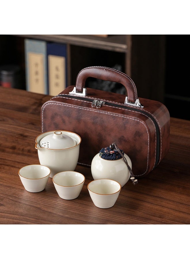 Portable Chinese Gongfu Tea Set, White Ceramic Teapot, 3 Cups, Brown Leather Travel Case, 6 Piece - Image 2
