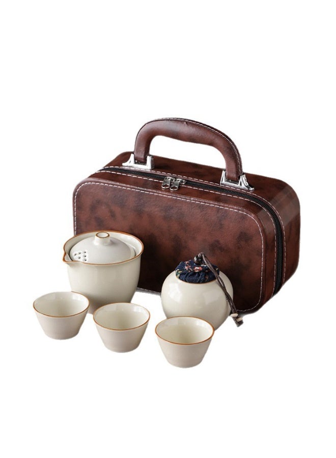 Portable Chinese Gongfu Tea Set, White Ceramic Teapot, 3 Cups, Brown Leather Travel Case, 6 Piece - Image 1