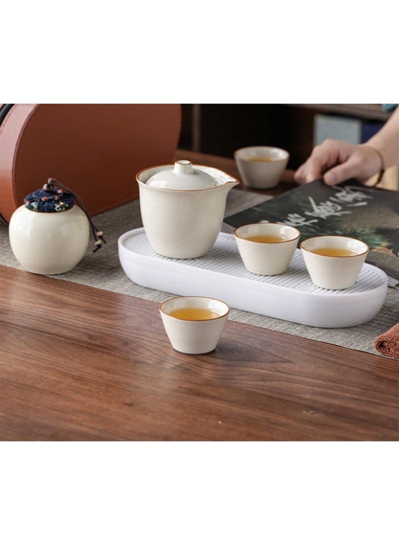 Portable Chinese Gongfu Tea Set, White Ceramic Teapot, 3 Cups, Brown Leather Travel Case, 6 Piece - Image 4