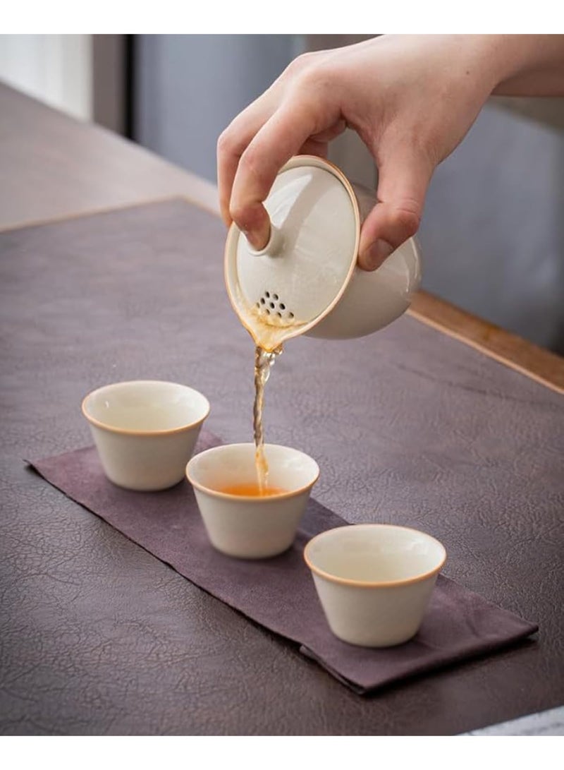 Portable Chinese Gongfu Tea Set, White Ceramic Teapot, 3 Cups, Brown Leather Travel Case, 6 Piece - Image 3