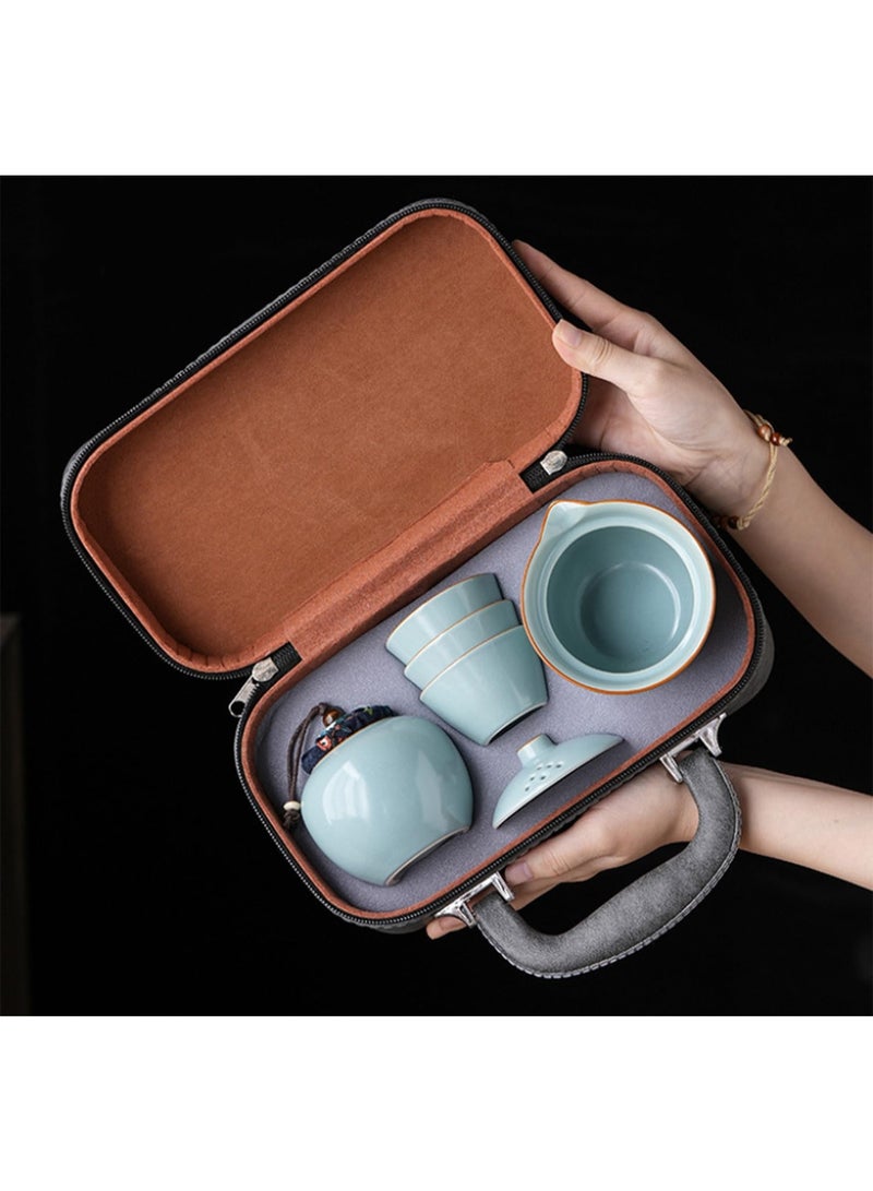 Portable Chinese Gongfu Tea Set, White Ceramic Teapot, 3 Cups, Brown Leather Travel Case, 6 Piece - Image 5