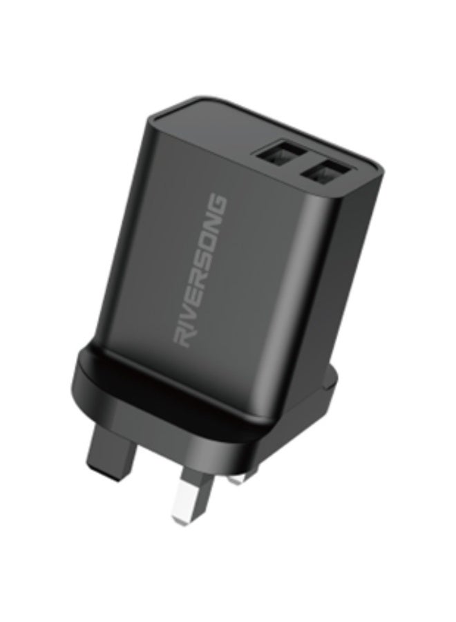 ريفرسونج شاحن حائط مزدوج المنافذ من Riversong – شحن سريع وآمن بمنفذي USB، تصميم مدمج، حماية ذكية متعددة، مناسب للهواتف الذكية والأجهزة اللوحية - Image 1