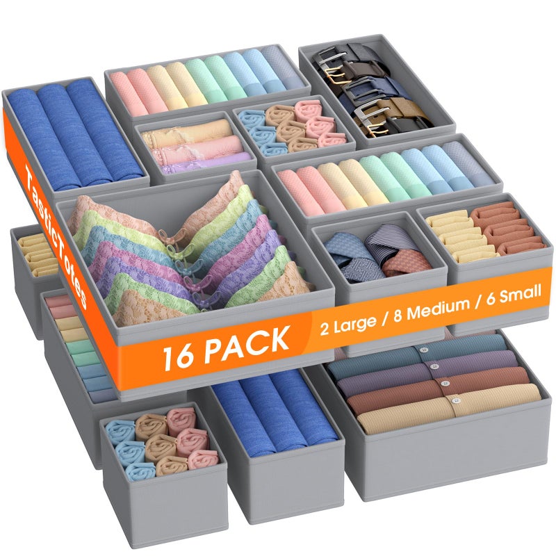 TasticTotes Drawer Organizer Clothes 16 Pack Drawer Organizers and Underwear Organizer for Nursery Dividers Clothes Organizer Closet Organization and Foldable Storage Bins for Socks Bra Tie Grey - Image 2