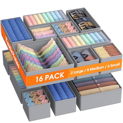 TasticTotes Drawer Organizer Clothes 16 Pack Drawer Organizers and Underwear Organizer for Nursery Dividers Clothes Organizer Closet Organization and Foldable Storage Bins for Socks Bra Tie Grey - Image 1