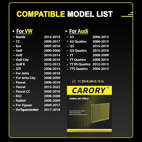 CARORY Cabin Air Filter w/Activated Carbon for Volkswagen Beetle, CC, Eos, Golf, Golf R, GTI, Jetta, Passat, Rabbit, Tiguan, Routan, Atlas, Audi A3, A3 Quattro, Q3, TT, RS, TTS, Quattro and More - Image 2