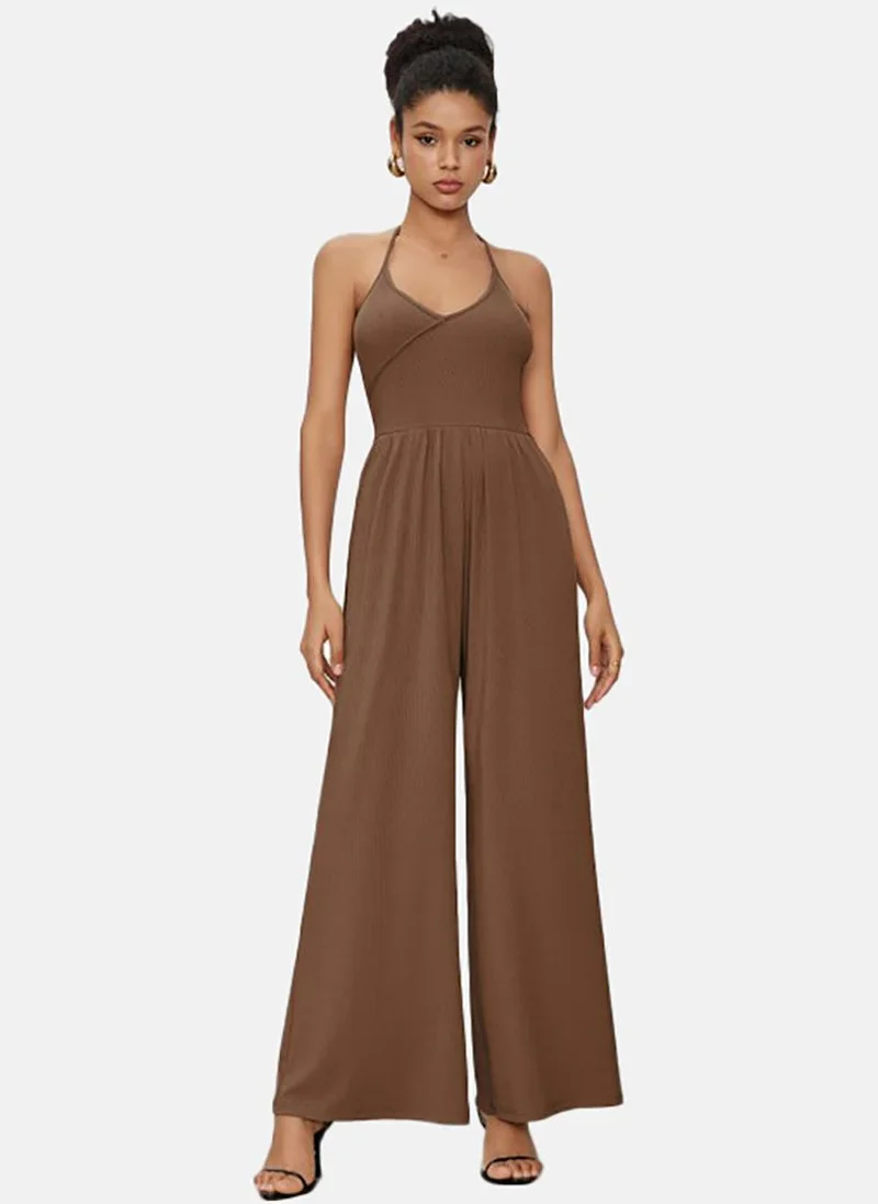 YUNIQEE Brown Solid Slim Fit Round Neck Jumpsuit