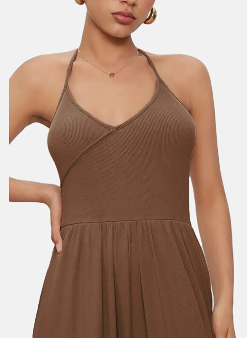 YUNIQEE Brown Solid Slim Fit Round Neck Jumpsuit
