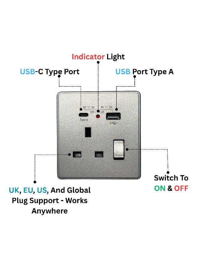 Metallic finish Universal Wall Power Socket with USB & Type-C Fast Charging (5V/3A, 9V/2A, 12V/1.5A) | 13A Switch with Indicator Light | Multi-Function Plug Socket | 30-Year Warranty  - Image 2