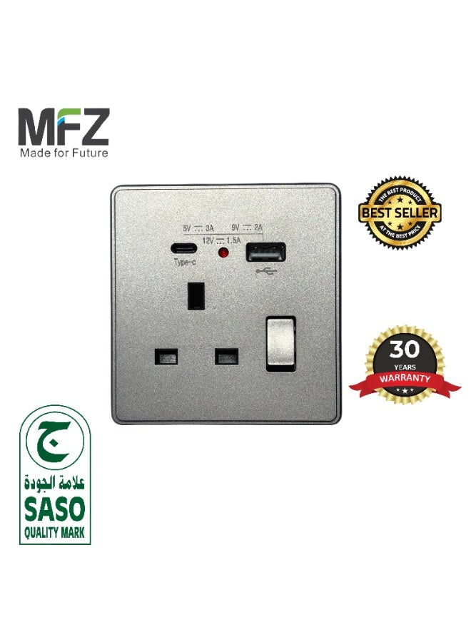 Metallic finish Universal Wall Power Socket with USB & Type-C Fast Charging (5V/3A, 9V/2A, 12V/1.5A) | 13A Switch with Indicator Light | Multi-Function Plug Socket | 30-Year Warranty  - Image 1