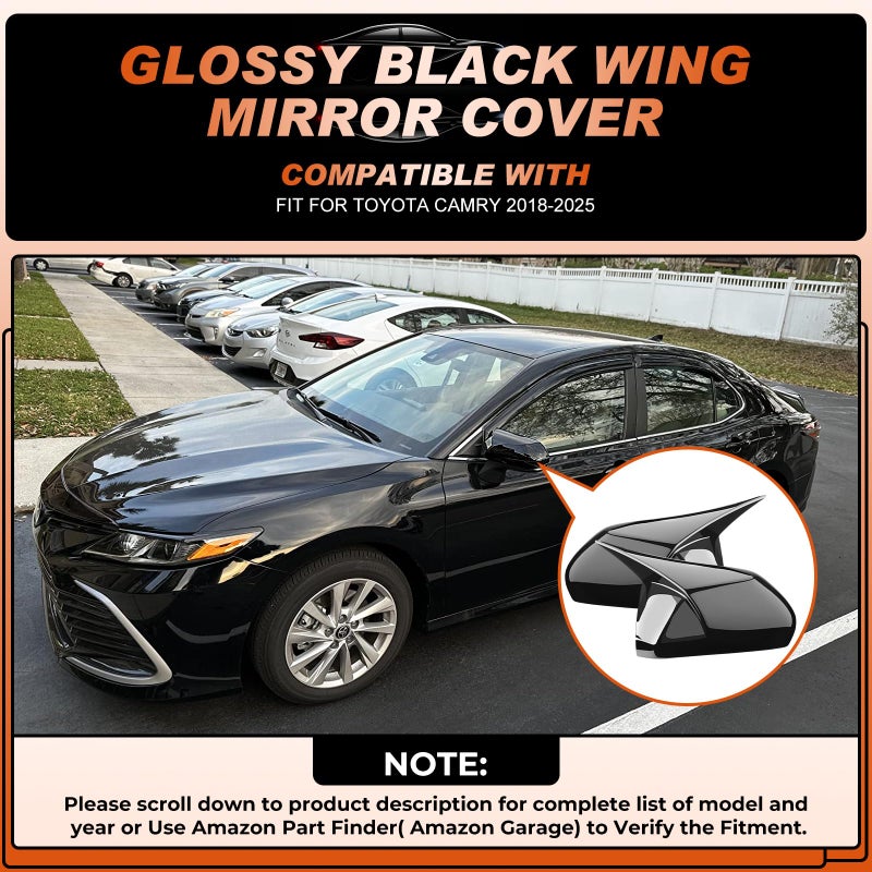 ACLONG Glossy Black Mirror Covers Fit for Toyota Camry 2018-2025 â€“ Ox Horn Design, Driver & Passenger Side Rearview Cap Replacement (1 Pair) - Image 2