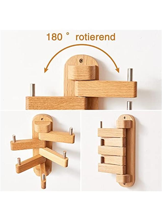 Arabest Oak Wood Wall Coat Hooks with 5 Swivel Foldable Arms, 12'' Length Coat Rack Hat Hooks for Bathroom Entryway Bedroom Office Kitchen, Heavy Duty (Natural) - Image 2