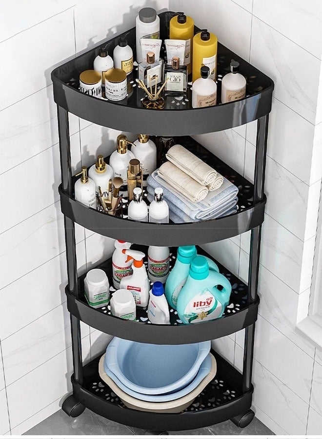 عربة تخزين دوارة 4 طبقات، رف زاوية مثلث، منظم متحرك متعدد الاستخدامات للحمام والمطبخ وغرفة المعيشة، موفر للمساحة مع عجلات قابلة للقفل 360 درجة، أسود - Image 1