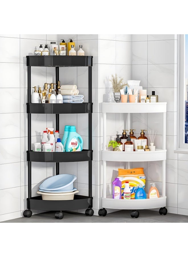 عربة تخزين دوارة 4 طبقات، رف زاوية مثلث، منظم متحرك متعدد الاستخدامات للحمام والمطبخ وغرفة المعيشة، موفر للمساحة مع عجلات قابلة للقفل 360 درجة، أسود - Image 4